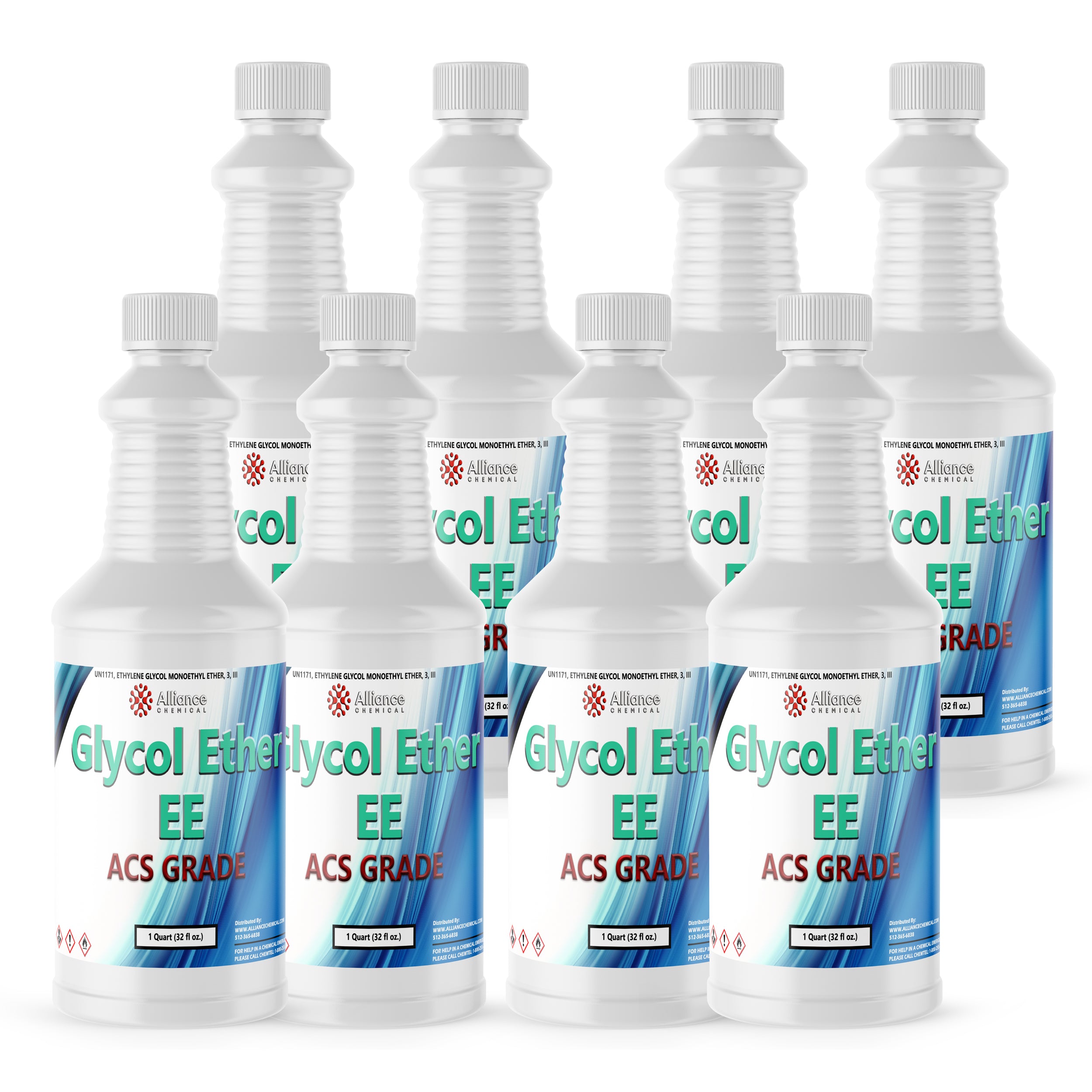 8-count 1-quart bottles of Glycol Ether EE ACS Grade by Alliance Chemical in white HDPE containers with ribbed caps, hazard symbols and blue gradient labels.